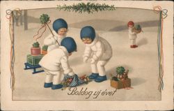 Children in Snowsuits with New Year's Gifts Postcard Postcard Postcard