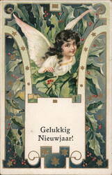 Cherubic Angel with Holly Berries - Dutch New Year's Greeting Postcard