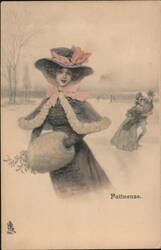 Elegant Lady Ice Skating in Winter Scene Postcard Postcard Postcard