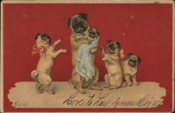 Pug Family Portrait with Pink Bows Dogs Postcard Postcard Postcard