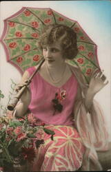 Smiling Woman with Parasol and Flowers Glamour Postcard Postcard Postcard