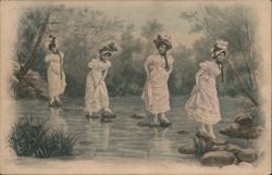 Four Women Crossing a Stream on Stepping Stones Postcard Postcard Postcard