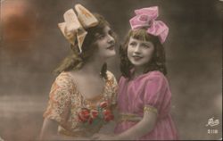 Two Girls with Large Bows, Hand-Tinted Portrait Postcard Postcard Postcard