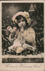 Little Girl in Fur Coat with Gifts, Bonne et Heureuse Année Children Postcard Postcard Postcard