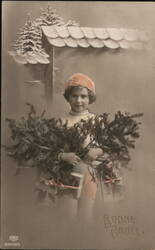 Girl with Fir Branches & Gifts, Bonne Année, French New Year Postcard Postcard