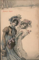 Two Girls in Winter Clothing with Doll and Gifts, Joyeux Noël Postcard