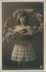 Girl with Flower Basket and Floral Crown Girls Postcard Postcard Postcard