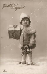 Little Girl with Gift and Horseshoe, New Year's Greeting Postcard