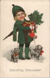 Child with Gifts, Holly, Umbrella, and Two Dogs - Dutch New Year's Postcard