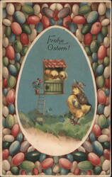 Easter Chicks in Birdhouse, Colorful Candy Border Postcard