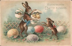 Easter Bunnies Delivering Chicks in Eggs Postcard