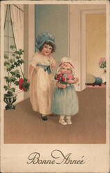 Two Sweet Children in Blue and White Dresses, Bonne Année Greeting Postcard