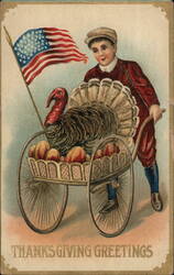 Boy with Turkey in Wagon, Thanksgiving Greetings Postcard