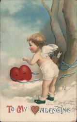 Cherubic Cupid with Sleepy Heart: A Valentine's Day Greeting Postcard