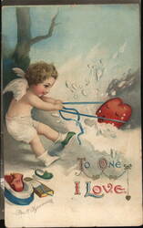 Cherubic Cupid Pulling Heart Through Snow, Valentine's Day Greeting Postcard Postcard Postcard