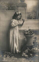 Girl with Bird and Easter Basket, Joyeuses Pâques Postcard