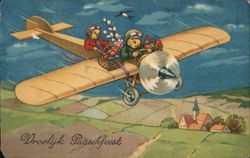 Whimsical Easter Bunnies Delivering Eggs by Plane With Bunnies Postcard Postcard Postcard