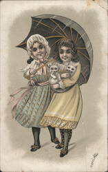 Two Girls with Kittens Under Umbrella Cats Postcard Postcard Postcard