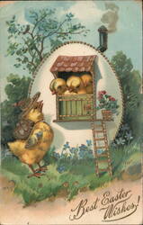 Three Baby Chicks in Birdhouse, Easter Greetings Postcard