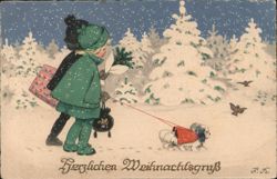 Children with Dog and Gift in Snowy Forest - German Christmas Greeting Postcard