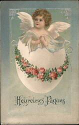 Cherubic Angel Hatching from Easter Egg with Roses Postcard