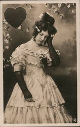 Victorian Woman in Floral Dress, Contemplative Pose Women Postcard Postcard Postcard