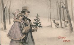 Couple with Evergreen Sprig, Deer in Snowy Woods, Bonne Année Year Dates Postcard Postcard Postcard