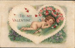 Sleeping Cupid in Heart with Roses Valentine's Day Postcard Postcard