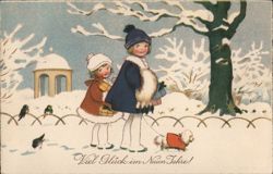 Two Girls with Gifts and a Dog in Winter Wonderland Children Postcard Postcard Postcard