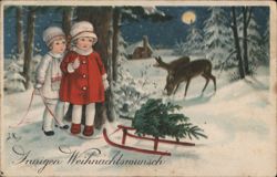 Children Pulling Christmas Tree on Sled, Deer in Snowy Woods Postcard