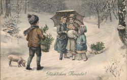 Children with Pig and Christmas Tree in Snowy Lane - Happy New Year Postcard Postcard Postcard