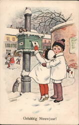 Children Mailing New Year's Card, Winter Scene Postcard