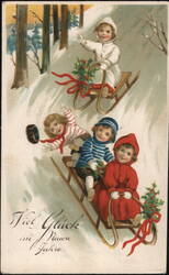 Children Sledding Downhill in Winter Postcard Postcard Postcard