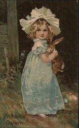 Little Girl in Blue Dress with Easter Bunny Postcard