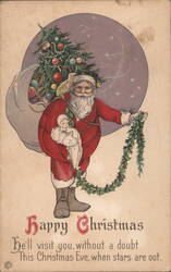 Santa Claus with Christmas Tree, Doll, and Garland Postcard Postcard Postcard