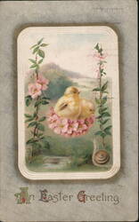 Two Yellow Chicks in a Floral Swing, Easter Greeting Postcard