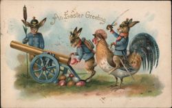 Anthropomorphic Rabbits Prepare Easter Cannon, Rooster Rider Postcard