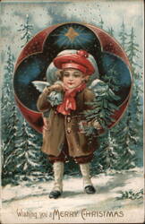 Angelic Child with Christmas Tree, Vintage Holiday Postcard Children Postcard Postcard