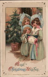 Three Children Singing Carols by Christmas Tree Postcard Postcard Postcard