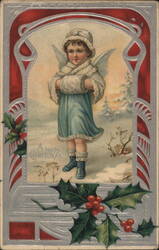 Angelic Christmas Girl in Blue with Holly Sprigs Angels Postcard Postcard Postcard