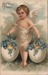 Cherubic Angel with Chicks and Forget-Me-Nots in Eggshells Postcard