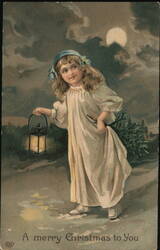 Girl with Lantern and Evergreen Sprig, Christmas Night Children Postcard Postcard Postcard