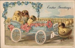 Baby Chicks in Blue Antique Car, Easter Greetings Postcard