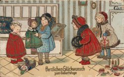 Children with Doll and Gifts, German Birthday Greeting Postcard