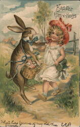 Easter Bunny & Girl with Eggs, Antique Postcard With Bunnies Postcard Postcard