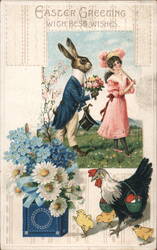 Easter Greeting: Dapper Rabbit, Girl, Hen & Chicks Postcard