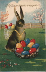 Easter Bunny with Baskets of Colorful Eggs With Bunnies Postcard Postcard Postcard