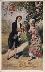 Couple in Colonial Dress, Cherubs, and Flowers - Valentine's Day Postcard