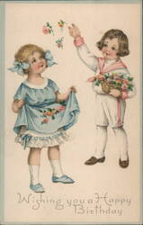 Children Exchanging Flowers, Happy Birthday Greeting Postcard