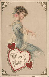 Romantic Woman in Blue with Valentine's Day Card Women Postcard Postcard Postcard